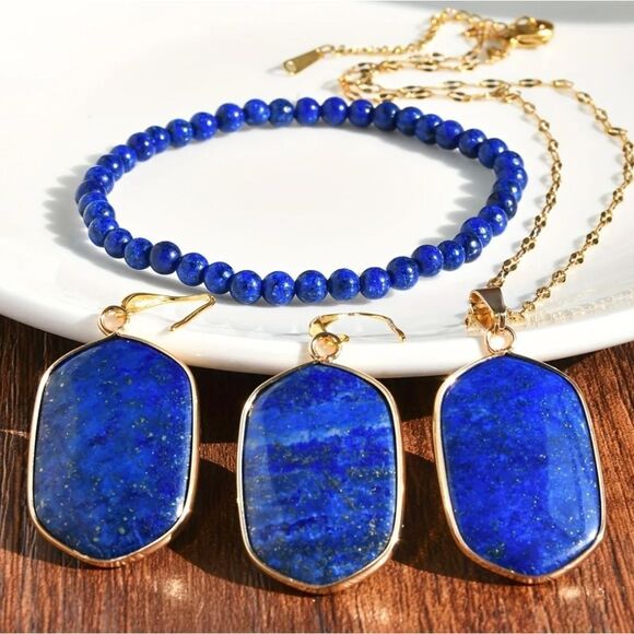 Lapis Lazuli Necklace Pendant Bracelet & Earrings Set - Picture 1 of 6